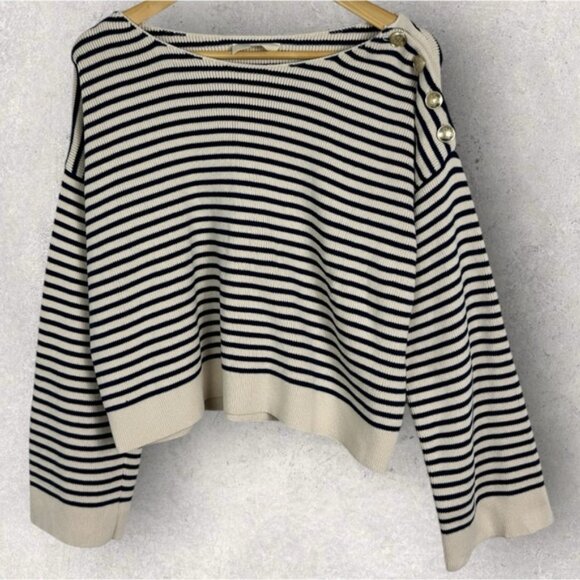 Sezane Daisy Jumper Sweater Natural Navy Blue Striped Size Large Gold Buttons - Picture 13 of 14